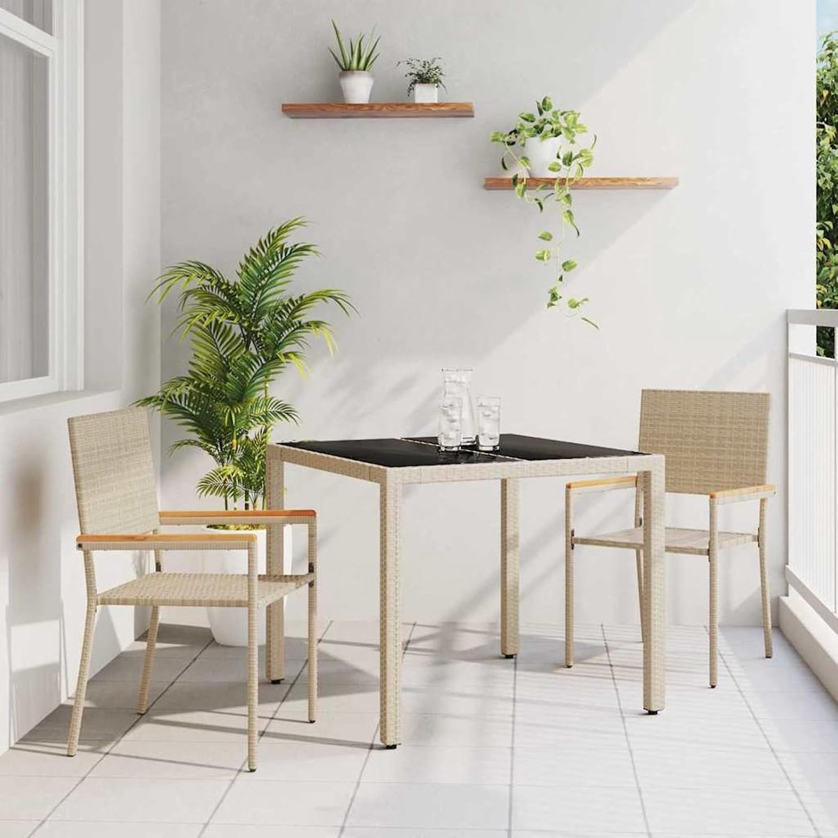 3-delige tuin-eetgroep, beige, polyrotan, eetgroep, outdoor tuinmeubelset voor terras, balkon, restaurant