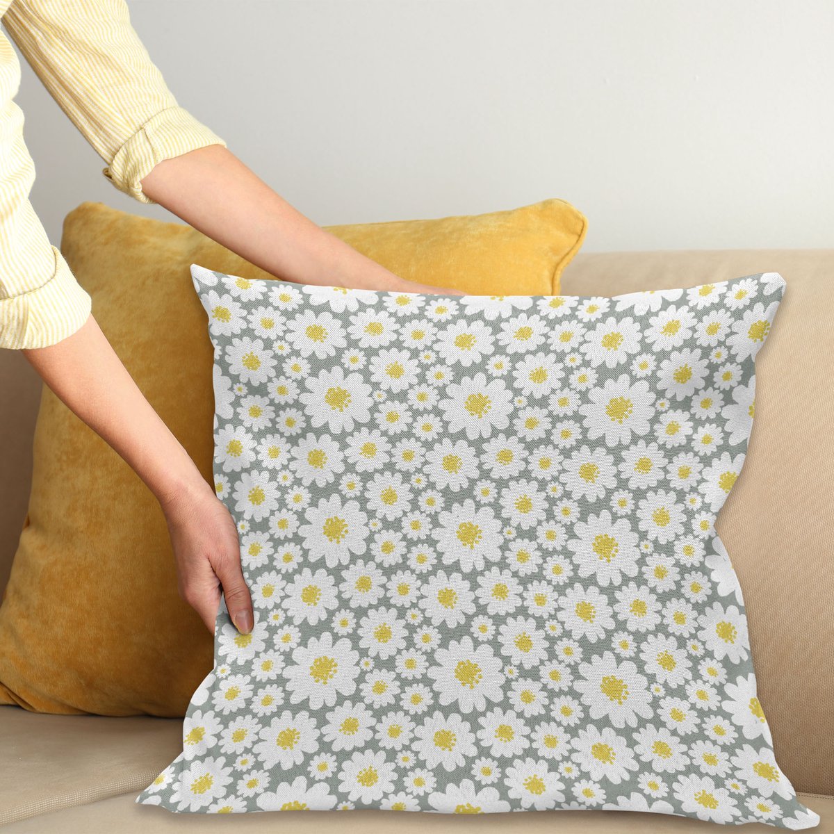 ABAKUHAUS Bloemen Sierkussenhoes, Cartoon Zoals Bloemen Daisies Lente Time Seizoen Pollens Kunstwerk Print, Decoratieve Vierkante Sierkussenhoes, 40 x 40 cm, Grijs Geel