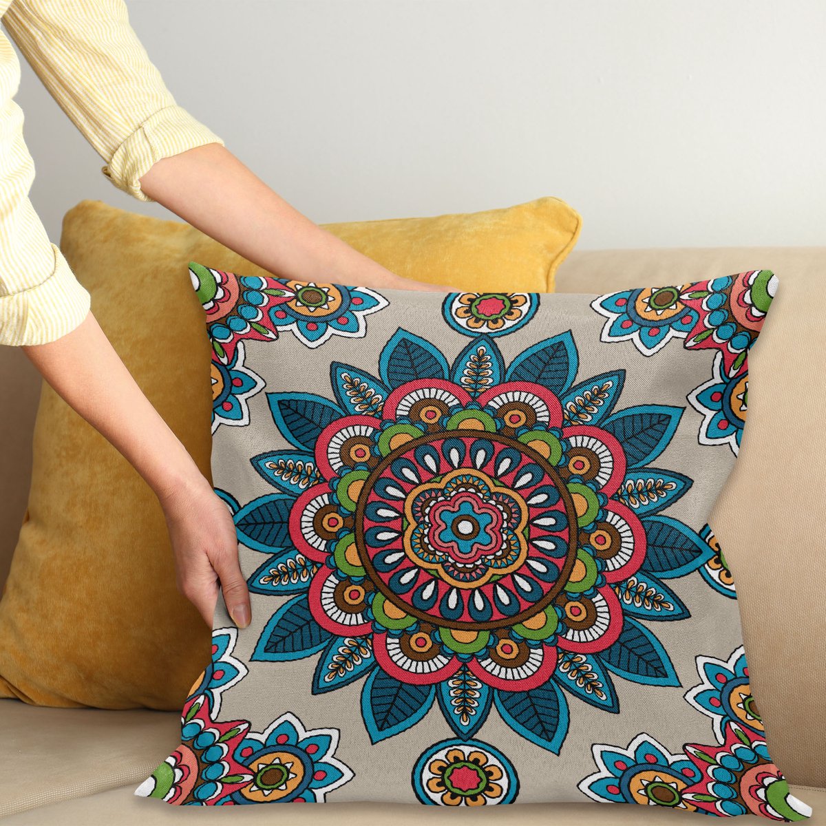 ABAKUHAUS Mandala Sierkussenhoes, Retro Turkish met Unique Blad Bloem Meditation Tribal Kunst Print, Decoratieve Vierkante Sierkussenhoes, 40 x 40 cm, Koraal Blauw