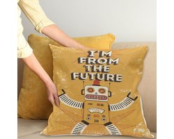 ABAKUHAUS Vintage Sierkussenhoes, Future Woorden met Robot Fiction Electronic Pop Kunst Stijl Illustratie Print, Decoratieve Vierkante Sierkussenhoes, 40 x 40 cm, Mosterd