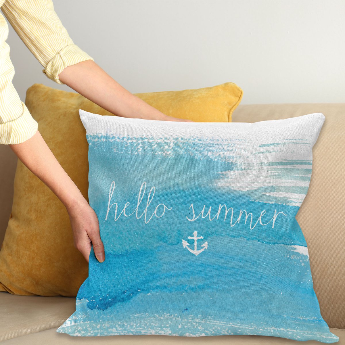 ABAKUHAUS Nautisch Sierkussenhoes, Aquarel Paintbrushed Achtergrond met Hello Zomer Woorden en Anker Print, Decoratieve Vierkante Sierkussenhoes, 50 x 50 cm, Wit Aqua