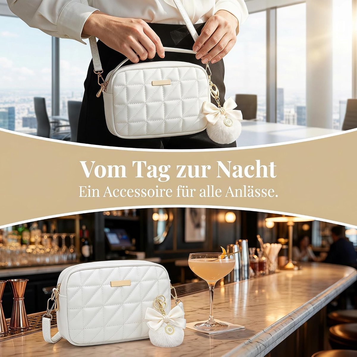Set van 2 witte schoudertassen met pluche hanger voor dames, modieus