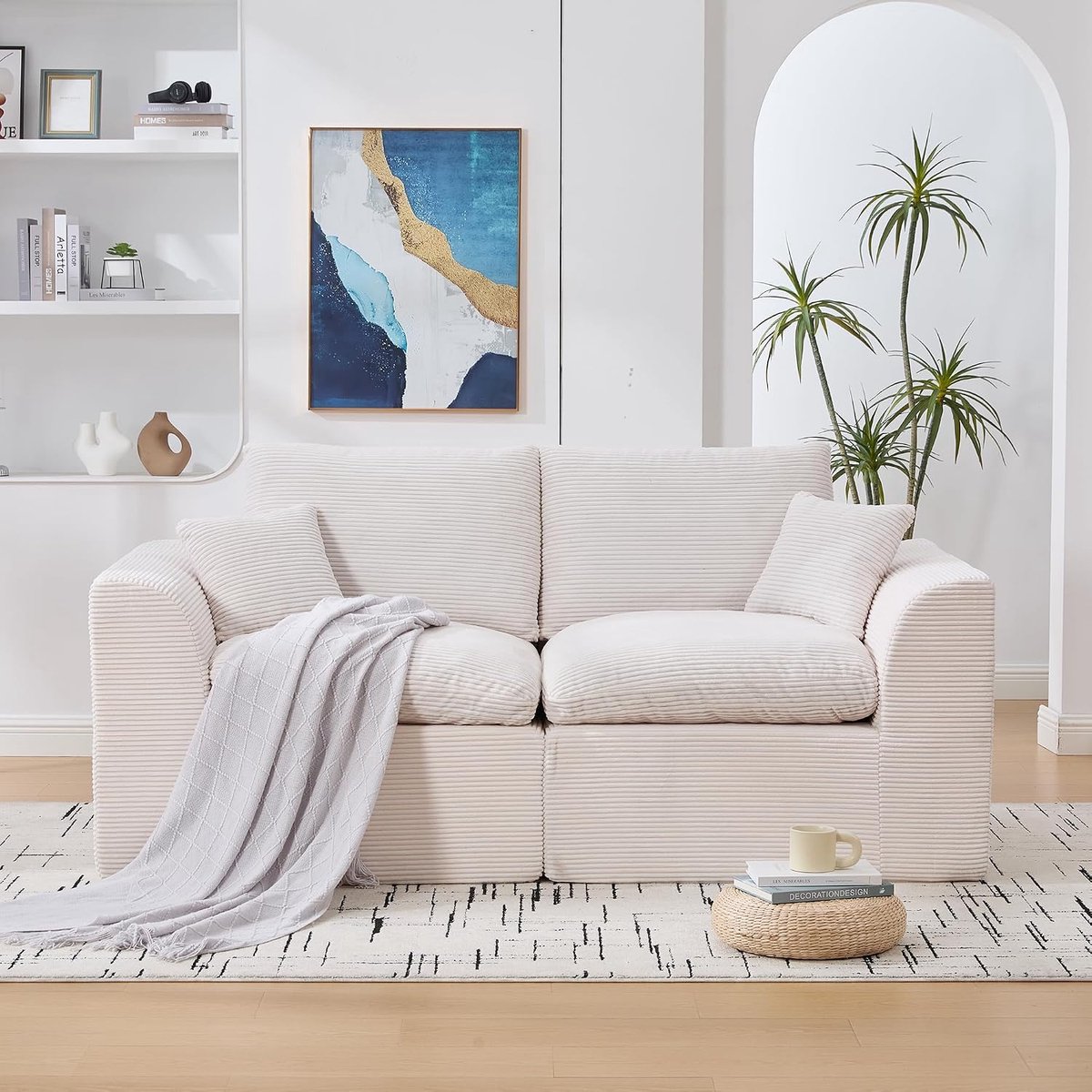 2-zitsbank, modulaire bank, corduroy sofa met kussen, vrijetijdsbank in Scandinavische stijl, woonkamer, geen montage nodig (corduroy, beige-2-zits)