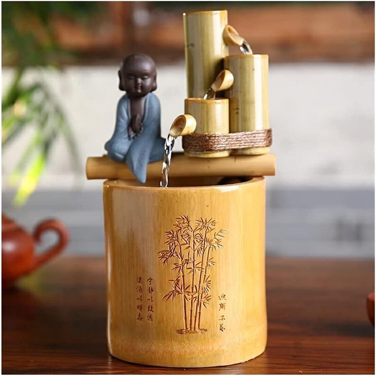 Fontein Creatieve Bamboe Water Fontein Boeddha Little Monnik Indoor Feng Shui Ornamenten Thuisbureau Tafel Decor Watercape Craft Gift Binnenfonteinen Huisdecoratie (Color : A)