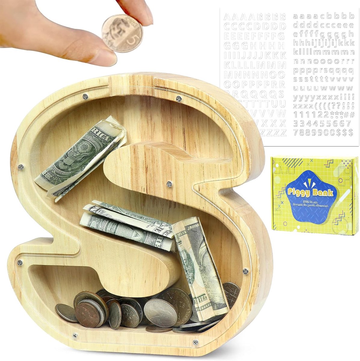 Spaarpot voor kinderen, personaliseerbaar, met letters van A tot Z, spaarpot van transparant hout, met letters, decoratie, creatieve spaarpot, cadeaus voor verjaardag, Kerstmis,