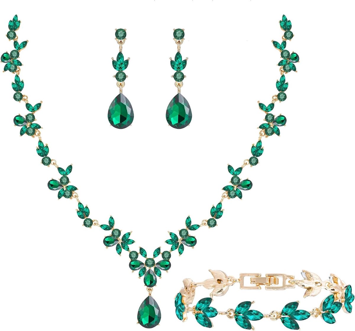 Sieradenset bruid, dames, bladeren, bloem, bruiloft, statement, halsketting, oorbellen, set party, eindejaarsbal, zirkonia, Zirkonia