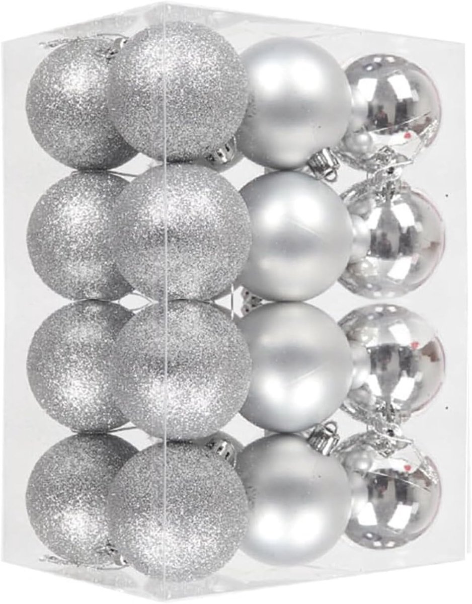 Kerstballen, zilver, 24 stuks, 3 cm, onbreekbaar, met ophanghaak