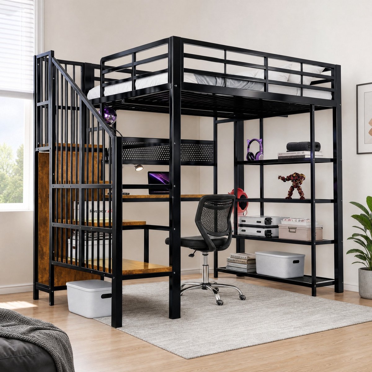 WUVRIE Hoogslaper 140x200 cm met bureau, opbergtrap, LED-verlichting en stopcontact, zwart