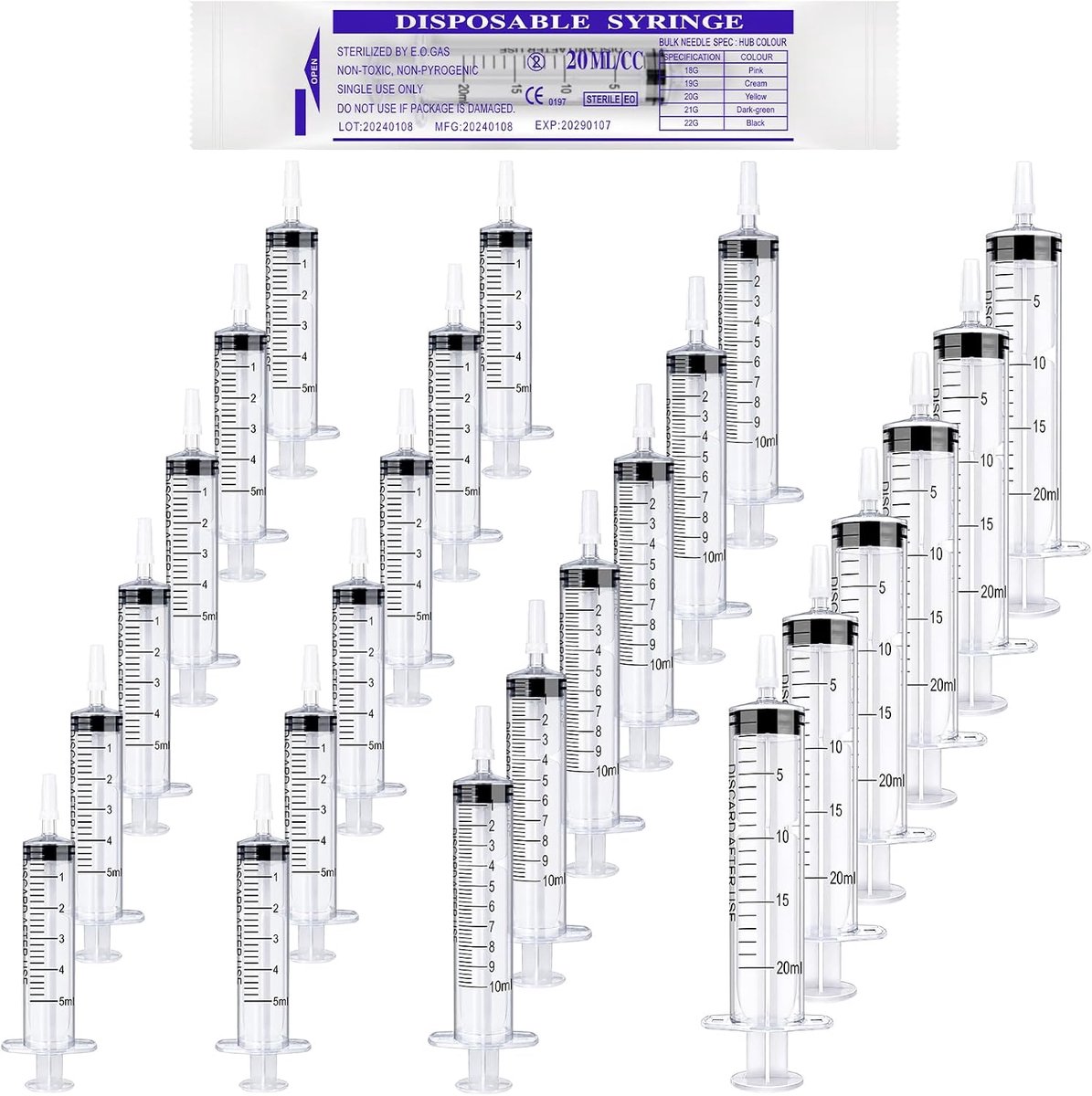 24 stuks spuiten set 5 ml 10 ml 20 ml spuit met deksel optrekspuit