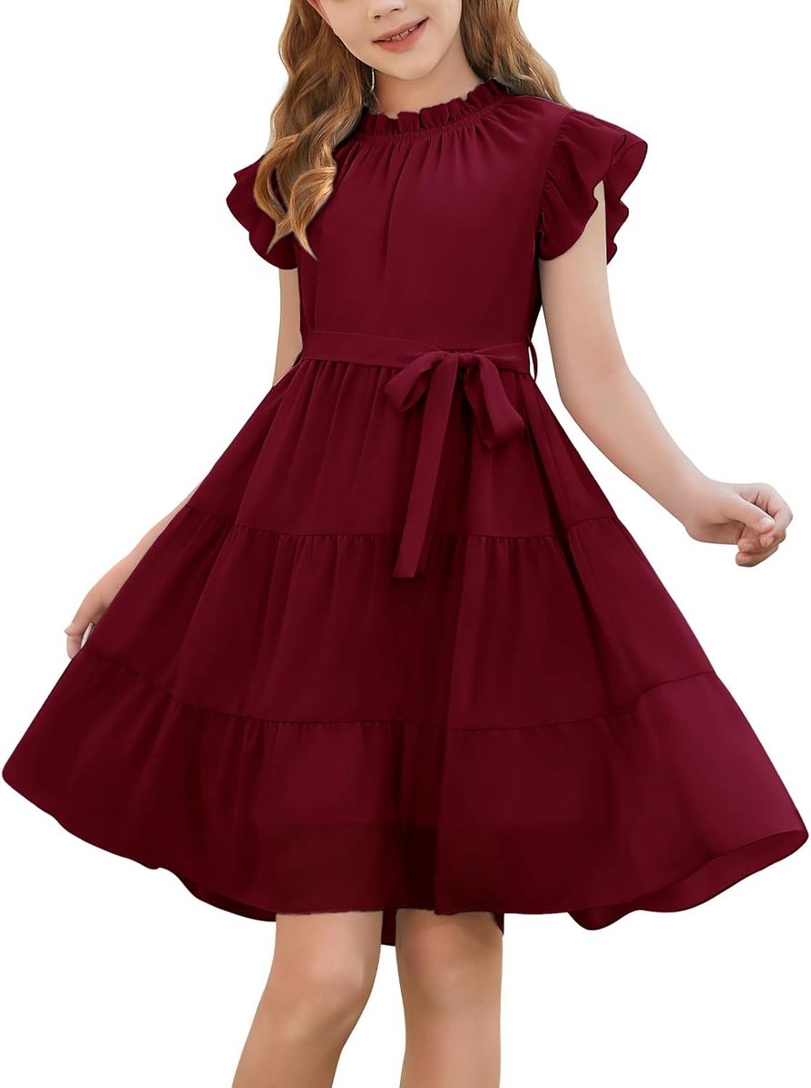 Jurken meisjes ronde hals ruches mouwen zomerjurk kinderen feestelijke partyjurken hoge taille A-lijn casual midi-jurk elegante doopjurk prinses met riem