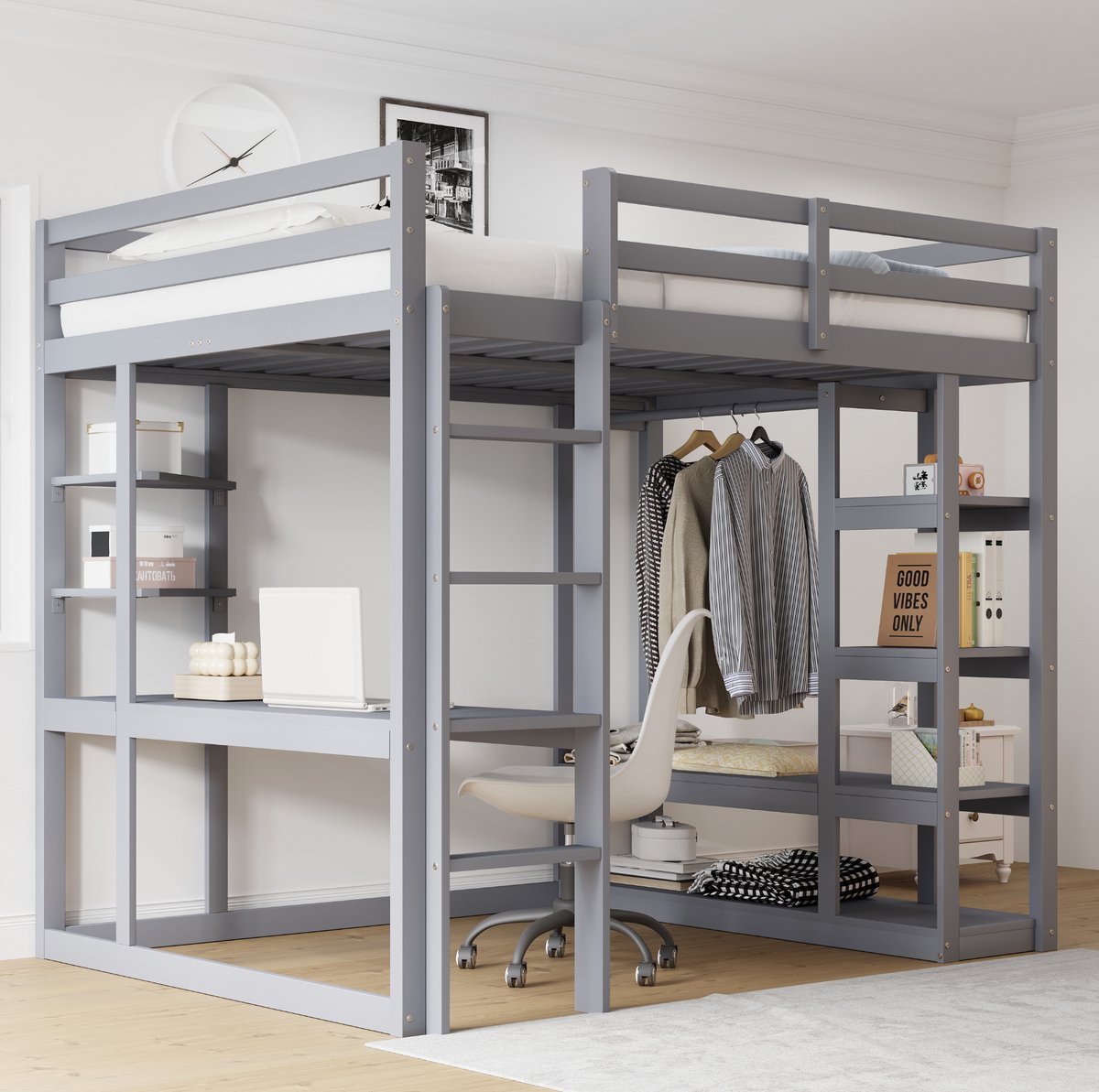 WUVRIE Hoogslaper 140x200 cm met bureau, planken, kledingroede, ladder en uitvalbeveiliging, grijs