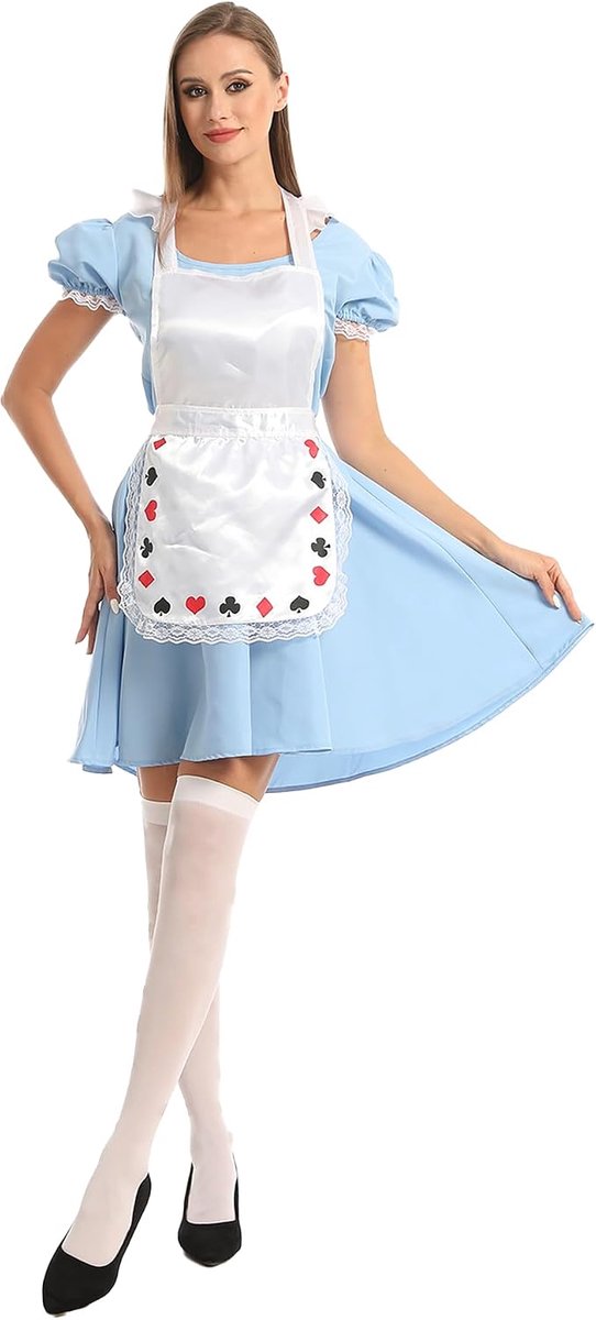 Alice in Wonderland kostuum voor volwassenen, met schort en witte dijkousen, cosplay, party, Halloween, carnaval