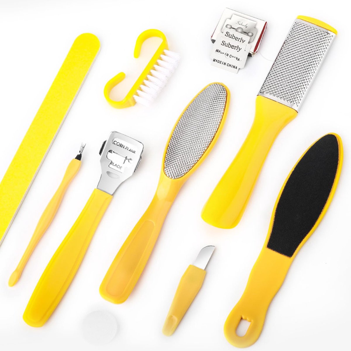 10-delige pedicure set - Eeltvijl - Eeltverwijderaar - Voetverzorging set - Voetvijl - Eeltrasp - Voetschraper - Nagelverzorging - Foot care kit - Geel - RVS - Met opbergdoosje - Jonyx