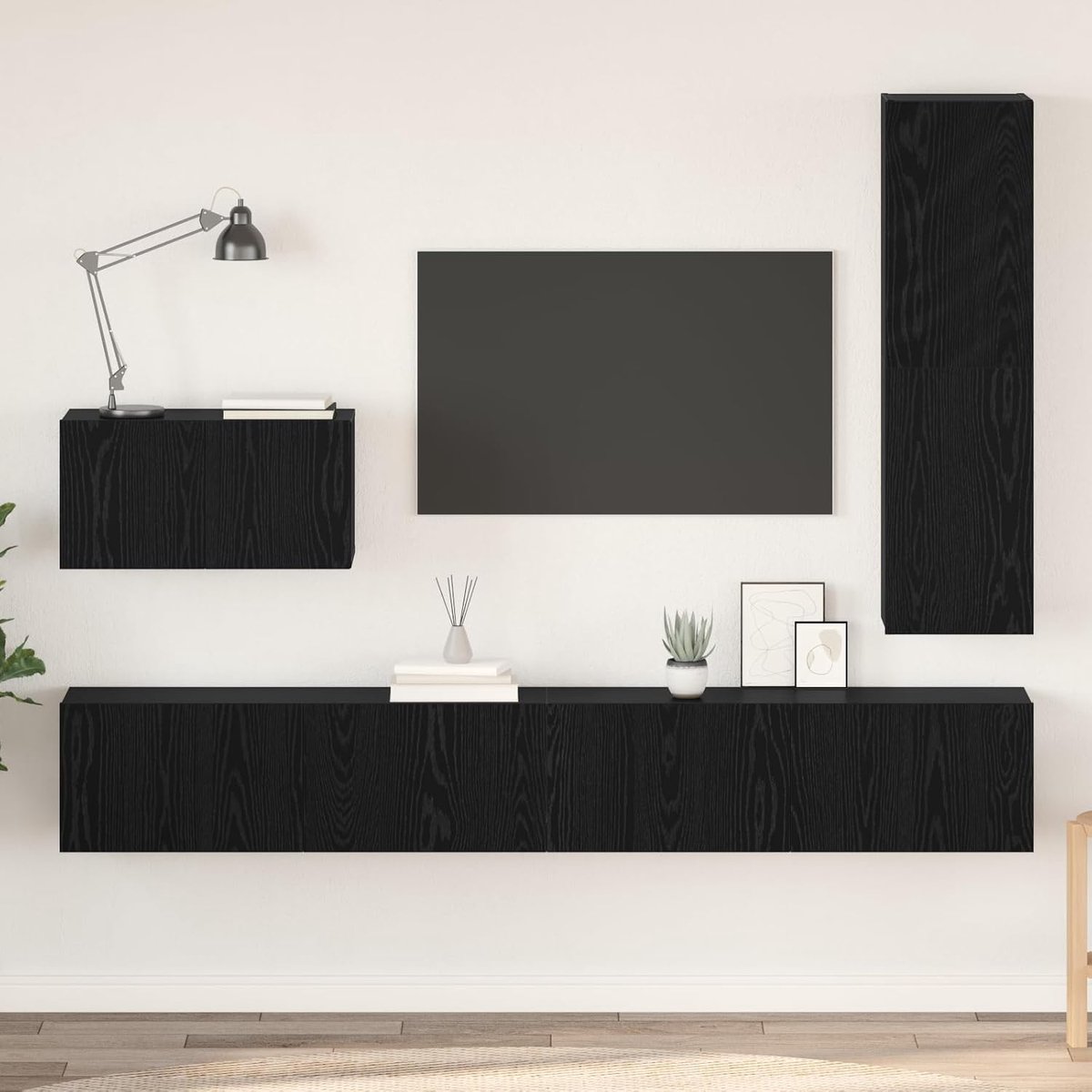 Opbergset voor garagekast, 4 stuks, zwart eiken, 30,5 x 30 x 110 cm, met planken en scharnierdeuren voor gereedschap en persoonlijke voorwerpen, opbergruimte
