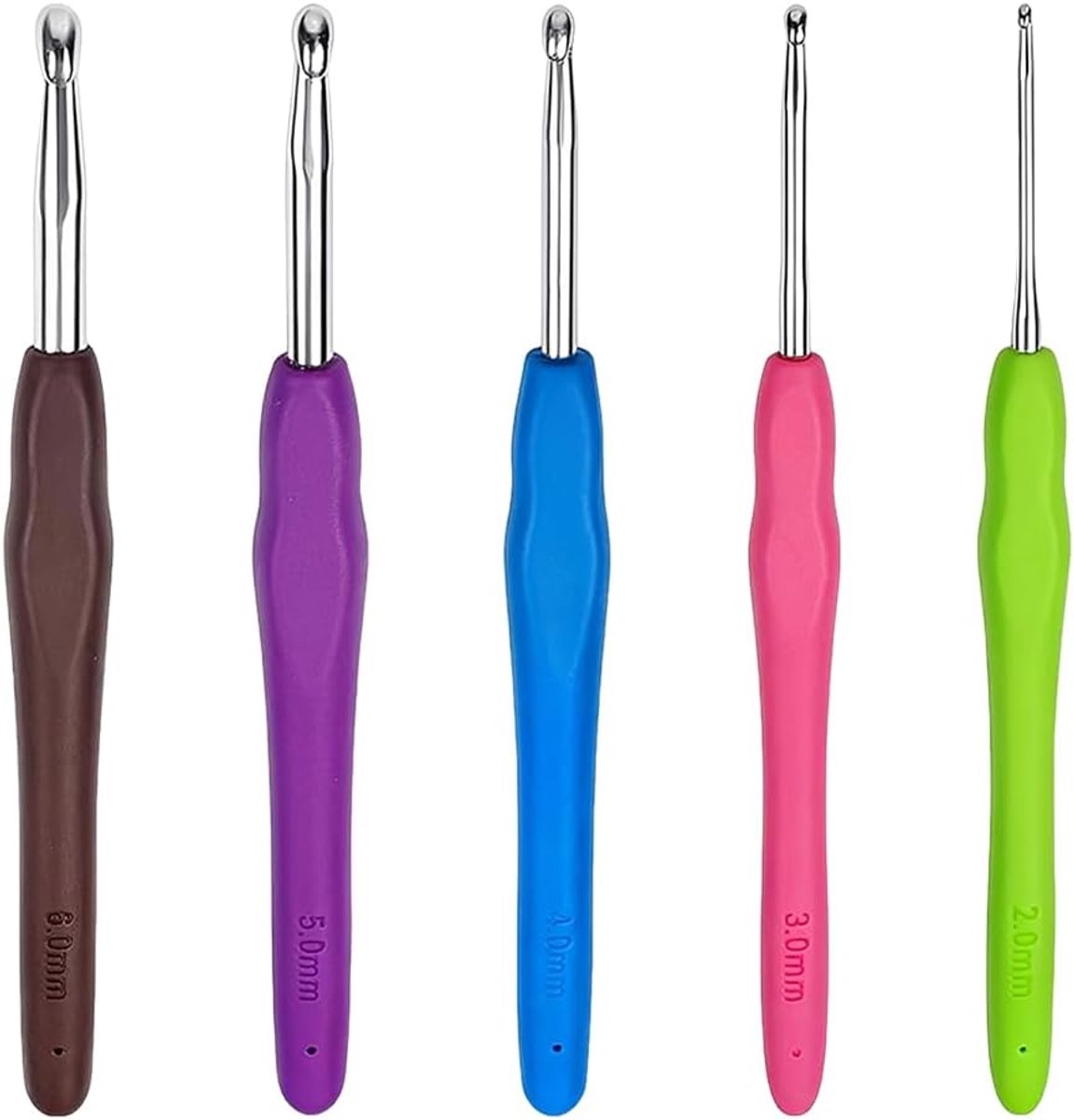 Haaknaalden, ergonomisch, aluminium, zachte grip, 2-6 mm, kleurrijk, voor beginners