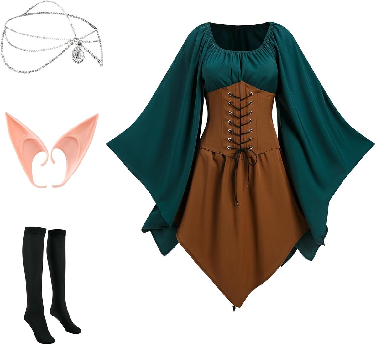 jurk voor dames, traditionele Ierse jurk, gothic jurk voor Halloween, cosplay, renaissance, kostuum met elfenoren, haarsieraden, overknee-sokken