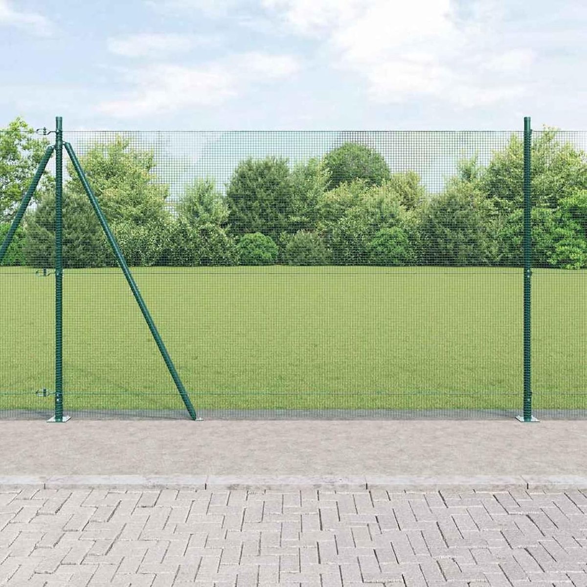 Gelaste draadomheining met 13 flens palen groen 1,4x25 m staal, hekstangen metalen palen voor draadhekken tuinhek binnenplaats kippenhok wilgenhek buiten