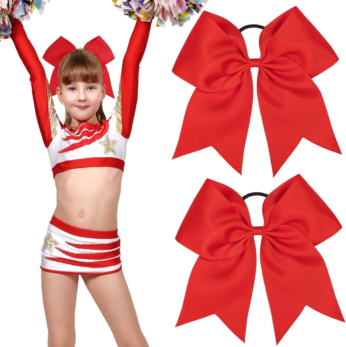 grote strik, 2 stuks, rode haarstrik, haarelastiekjes voor meisjes en dames, zwart, elastisch, rood haar, strik, haarsieraad, haarband voor cheerleaders, tieners, schoolmeisjes, uniform