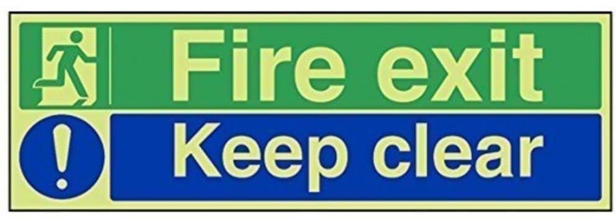 "Fire Exit/Keep Clear" Sign, Glow In Dark, 1 mm Kunststof, Landschap, 450 mm x 150 mm, Blauw/Groen