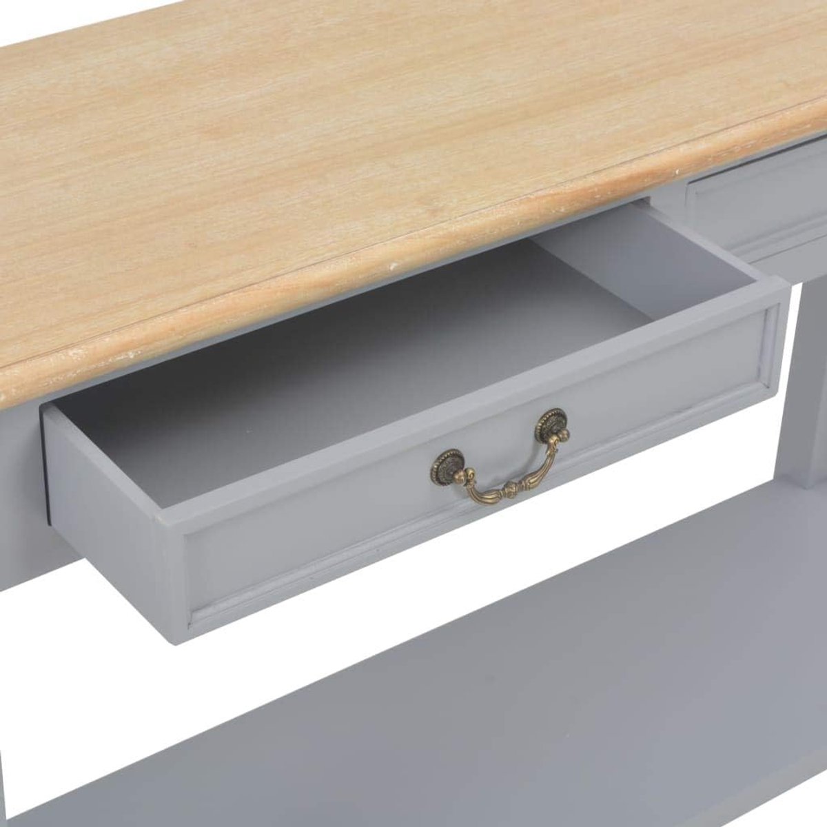 Consoletafel, grijs, 110 x 35 x 80 cm, hout met 2 laden en plank, bijzettafel van MDF en massief grenenhout met paulownia-fineer, stabiele tafel voor hal, woonkamer