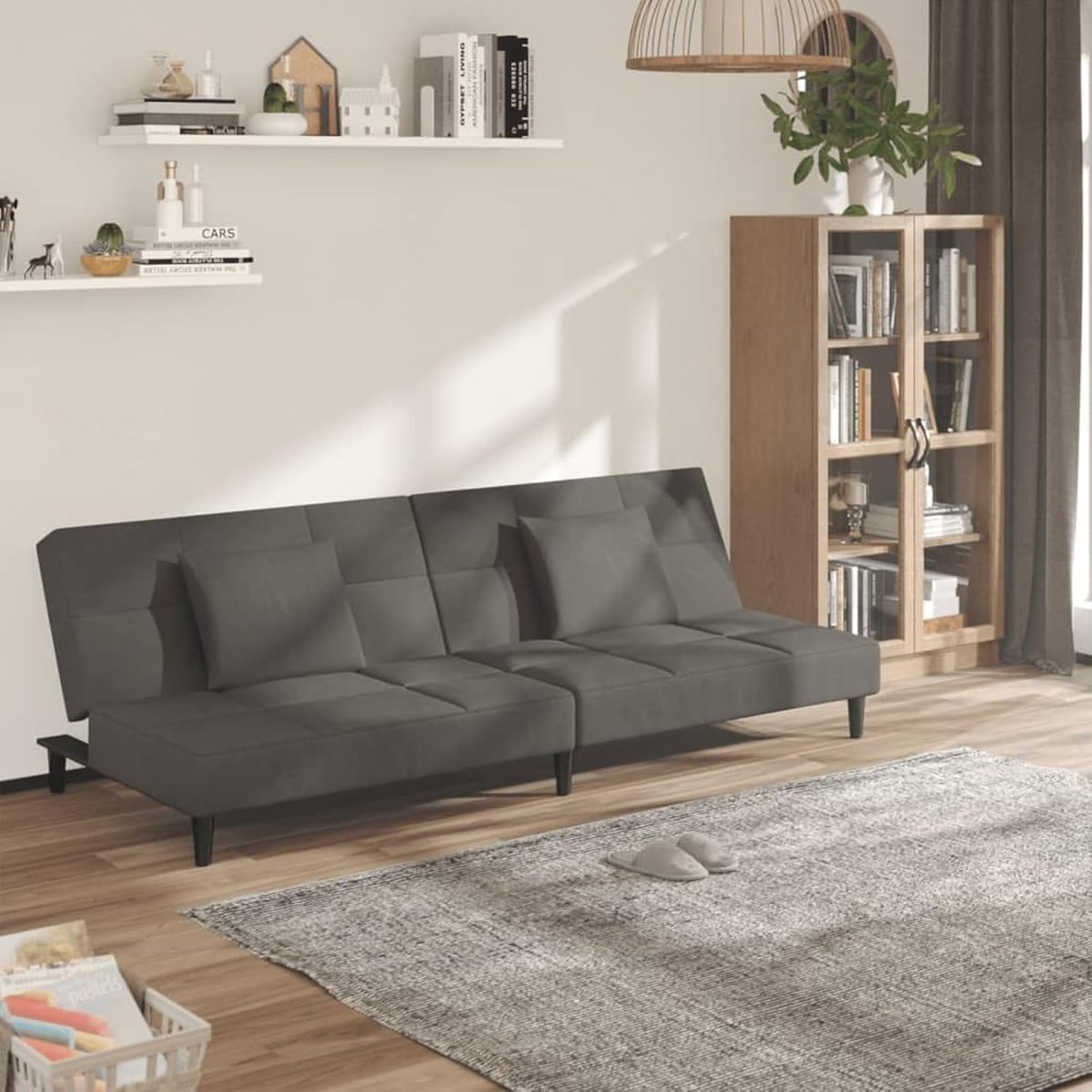Slaapbank 2-zits met 2 kussens, donkergrijs fluweel, slaapbank, dagbed, slaapbank voor woonkamer, logeerkamer, kleine woningen, 375808