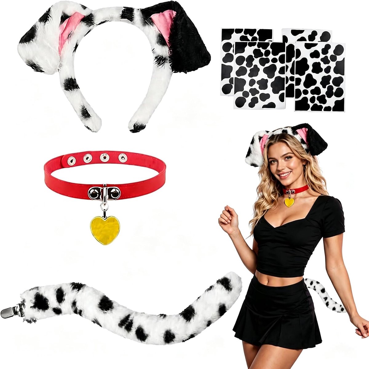 4-delig, hondenkostuum met hoofdband, oren, halsketting, staart en stickers, perfect Dalmatiërskostuum voor Halloween, carnaval