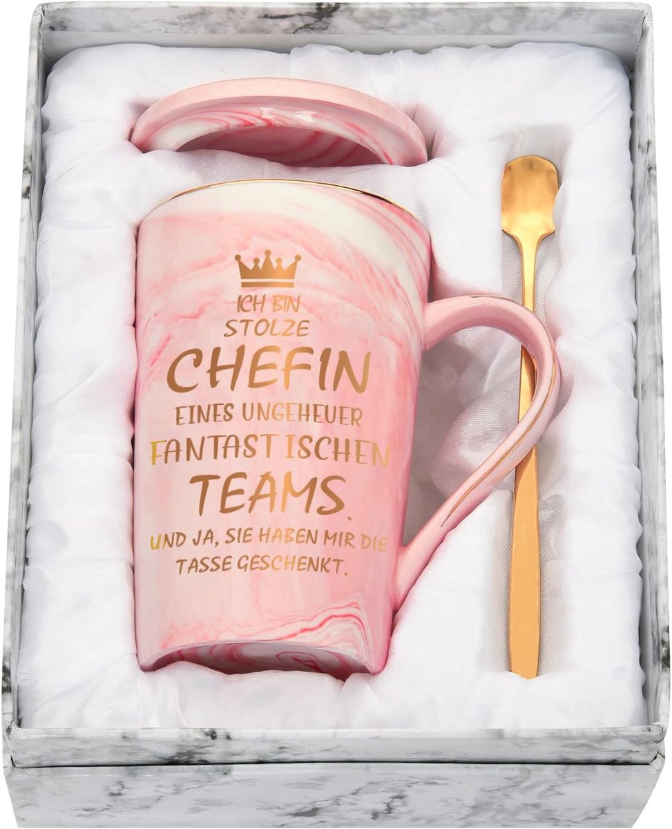 cadeau Beste baas geschenken voor Kerstmis, verjaardag en afscheid, 400 ml keramische marmeren beker met deksel, lepel en geschenkdoos