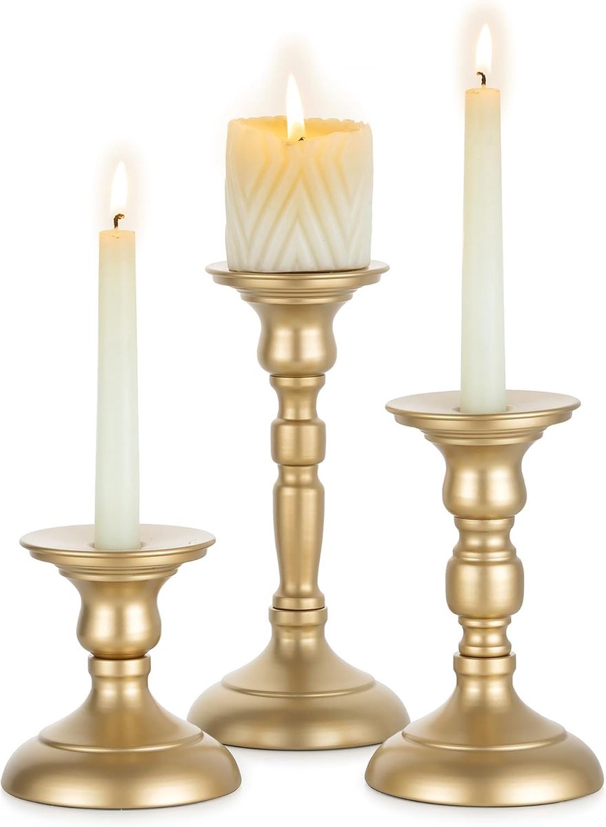 Gouden Pilaarkaarsenhouders: Set van 3 Vintage Dubbelbruikbare Kaarsenhouders voor Pilaar- en Taperkaarsen - Antiek Centerpiece voor Kerst Bruiloft Eettafel en Open Haard