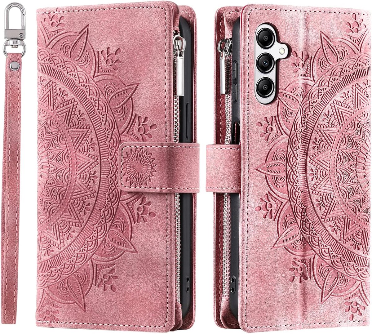 Hoes voor mobiele telefoon voor Samsung Galaxy A54 5G, klaphoes met bloemenmotief, beschermhoes, klaphoes, met kaartenvak, mobiele telefoon, klaphoes met standfunctie, roze