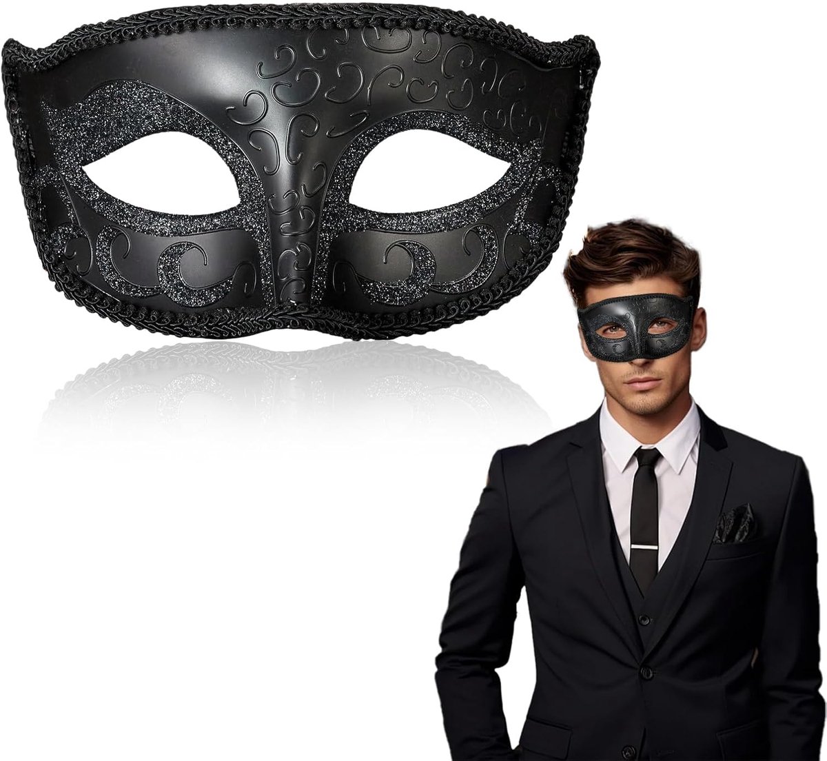 masker voor heren, maskerade, zwart masker, gezichtsbekleding, prachtig patroon met pailletten, voor Halloween, carnaval, maskerade, feestaccessoires
