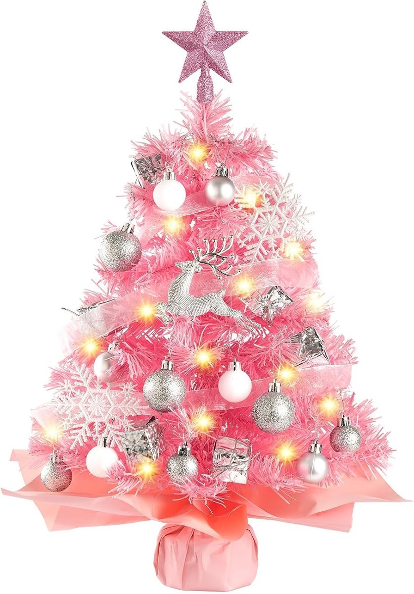 Mini-kerstboom met ledverlichting, 61 cm, kunstkerstboom, tafel, klein, voor thuis, feest, kantoor, tafeldecoratie, kerstdecoratie (roze)