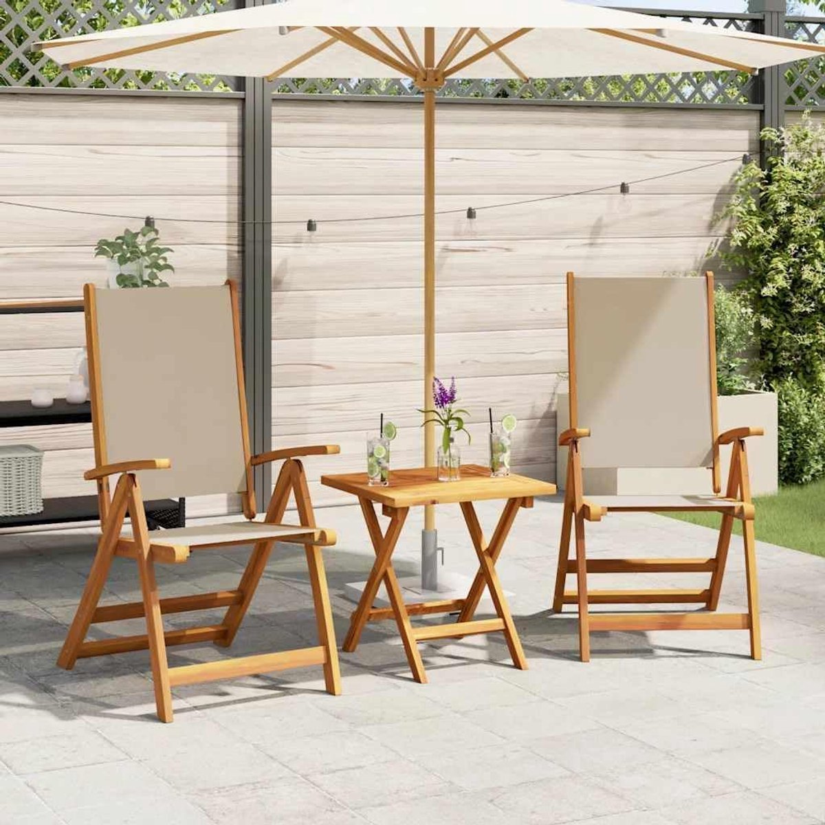 Tuinstoelen van acaciahout en textilene met verstelbare rugleuning op 5 niveaus, belastbaar tot 110 kg, ideaal voor terras en terras