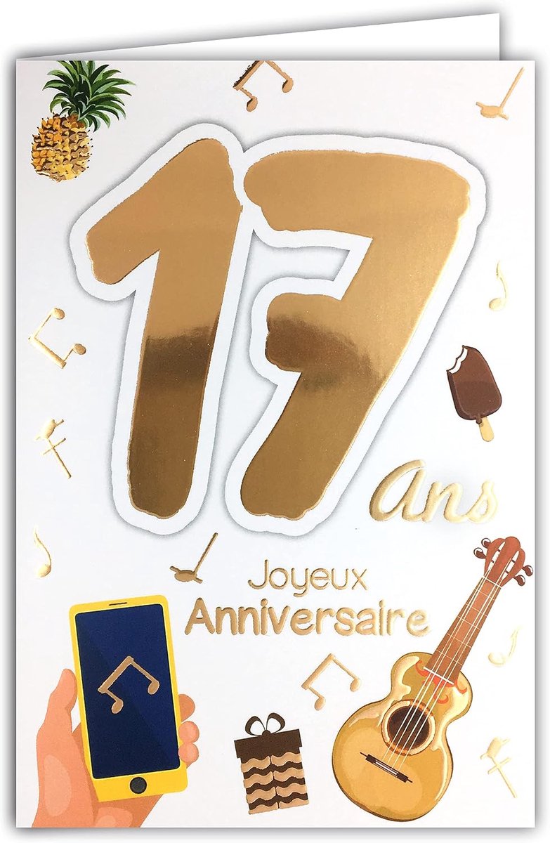 "Joyeux Anniversaire", 17 jaar, jongens, meisjes, heren, dames, kleur afhankelijk van de beschikbaarheid (oranje koper of andere), Cf foto's) – hoofdtelefoon muziek plaat uilen boeken