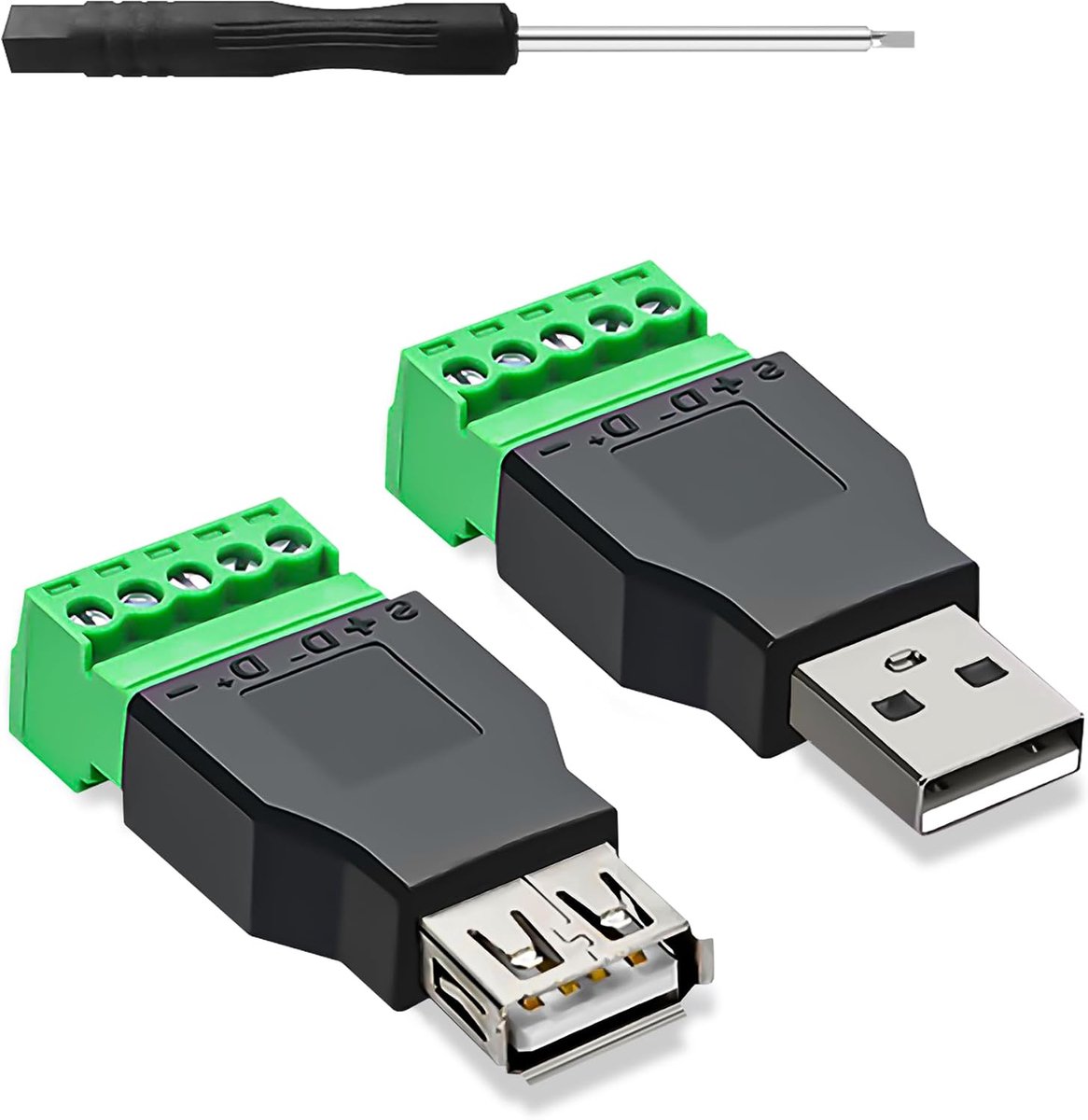 Schroefklemadapter, USB A 2.0 naar 5-polige terminal blok schroefklemmenblok adapter converter aansluitstekker voor USB-interferace device (USB2.0 1xbus + 1x stekker, 2stuks)