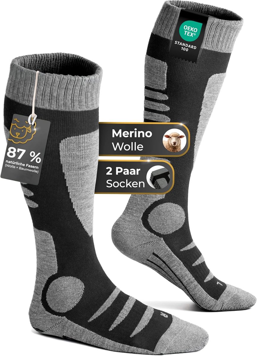 Skisokken, 2 paar, 41-42/43-44/45-46, voor dames en heren, 87% natuurlijke vezelaandeel, aangenaam warm en superzacht, krasvrij en ademend, thermo-wollen sokken