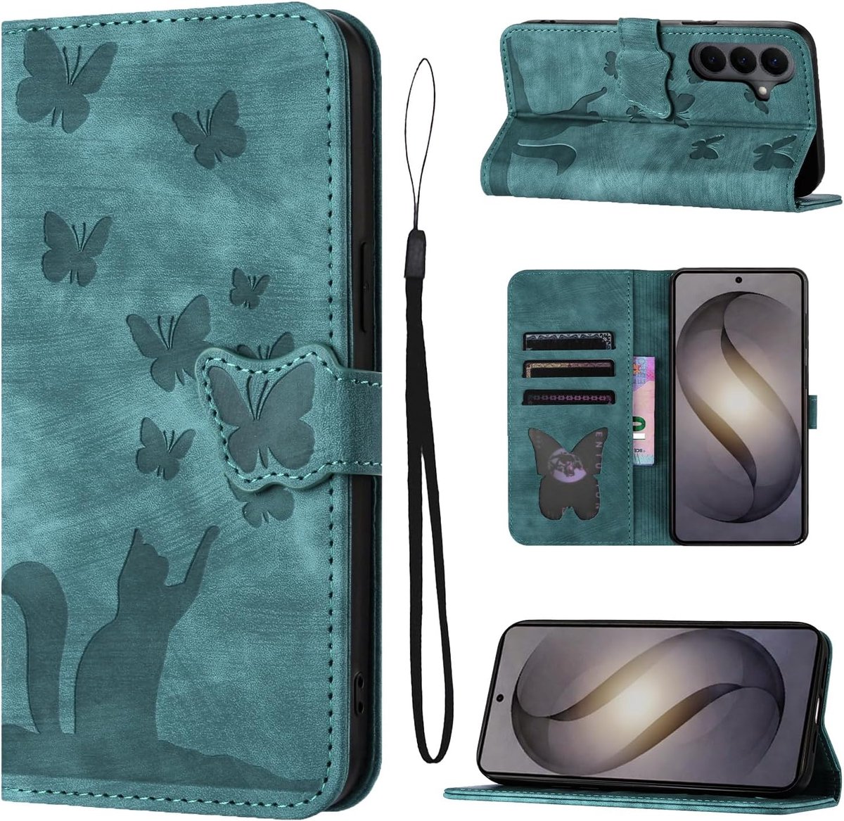 Beschermhoesje voor Samsung Galaxy S26 Plus, premium PU-lederen portemonnee, flip case met kaartsleuven en standfunctie, kat en vlinderhoes, groen