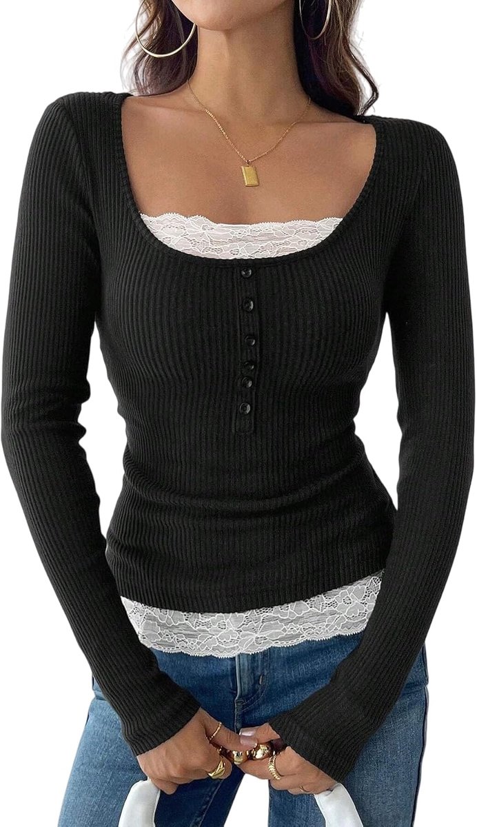 vierkante hals enkele knop lange mouwen top voor vrouwen, stijlvol minimalistisch slim fit T-shirt Y2K