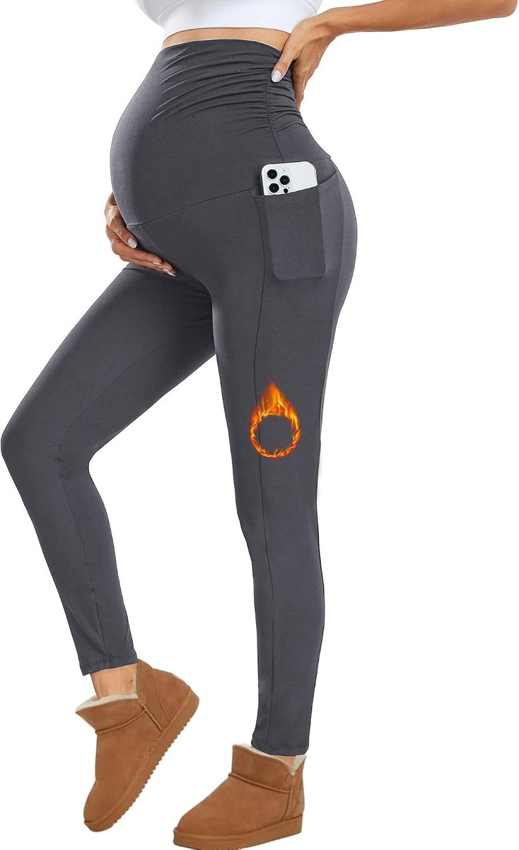 Zwangerschapslegging met Zakken - Over Bump Legging met Zachte Buikondersteuning Stretchy Zwangerschapsbroek voor Dames
