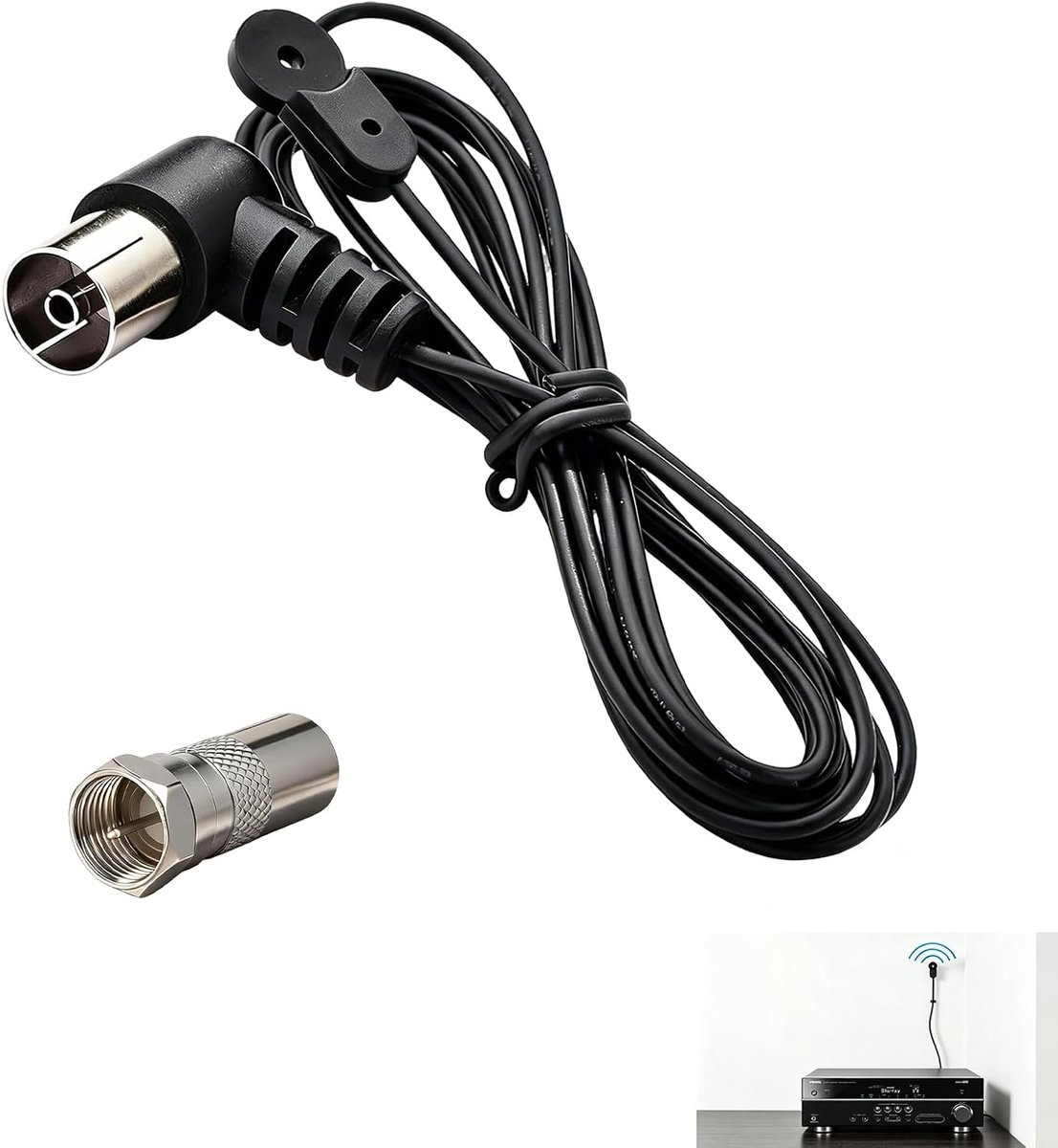 FM-radio-antenne voor binnen, bekabelde FM-dipoolantenne, 75 Ohm, 1,5 m, tv-aansluiting en F-adapter, antenne, ontvangst van hifi-installatie, stereo-tuner, AV-ontvanger voor thuisbioscoop