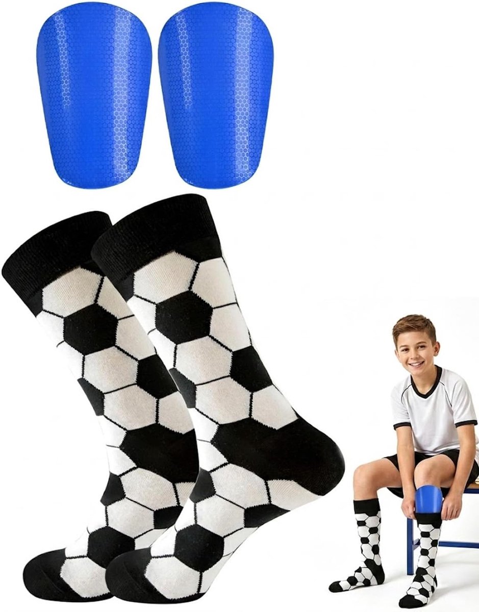 Scheenbeschermers voor voetbal, 1 paar met sokken, licht en veilig, voor kinderen en jongeren, complete sportuitrustingsset, ideaal voor training en spel.