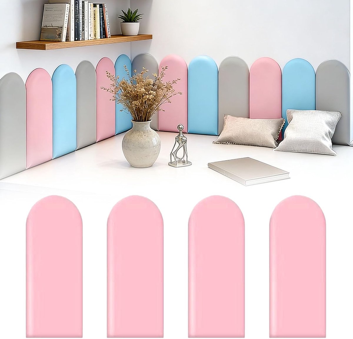 4 stuks 3D-wandpanelen, 20 x 40 cm, zelfklevend, gewatteerd PU, waterdicht, wandkussen voor kinderkamer, wandpaneel, muursticker, anti-botsing hoofdeinde (roze)