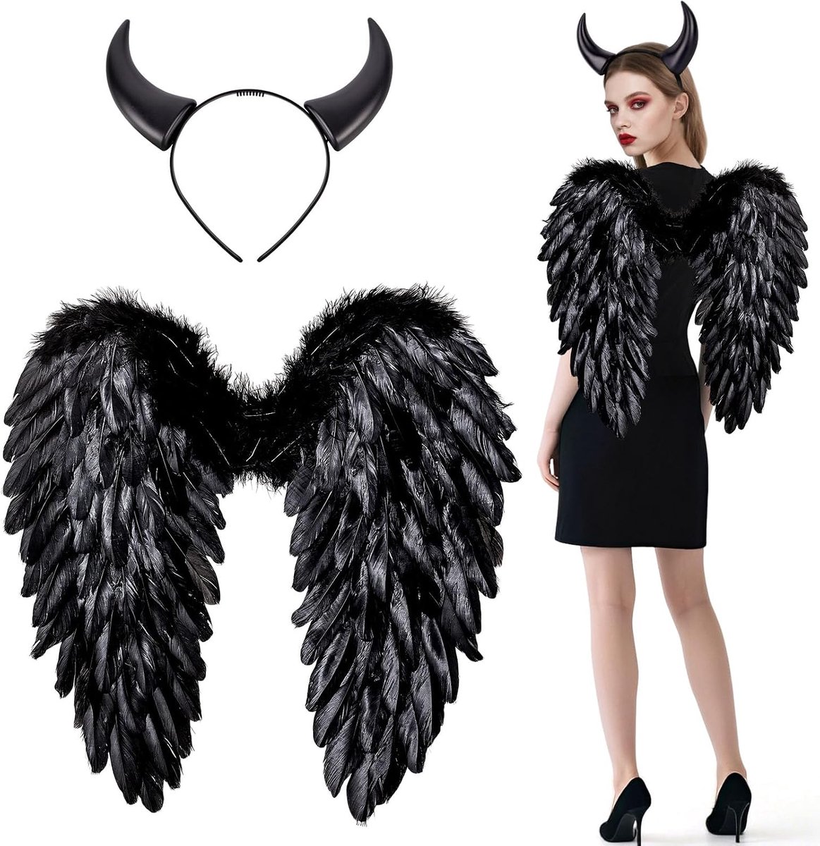 Engelenvleugels met duivelshoorns, 60×60 cm Halloween engelenvleugels aureool duivel engel kostuum dames Halloween kostuum accessoire engelenvleugelsr groot voor carnaval feest vermomming