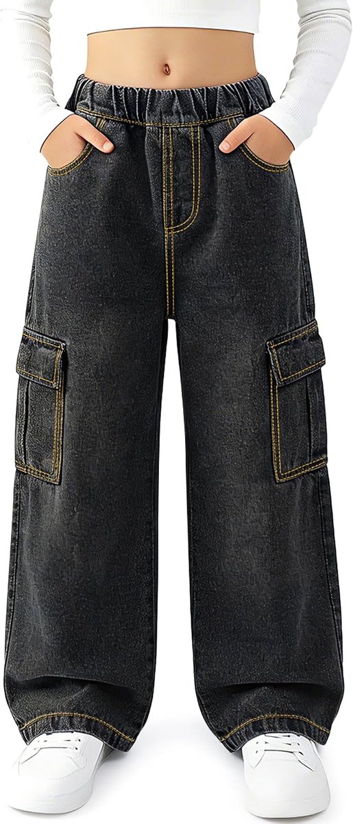 Cargobroek voor Meisjes, Elastische Broek met Hoge Taille en Wijde Pijpen Jeansbroek met Meerdere Zakken Loszittende Jeansbroek voor Tieners 7-15 Jaar