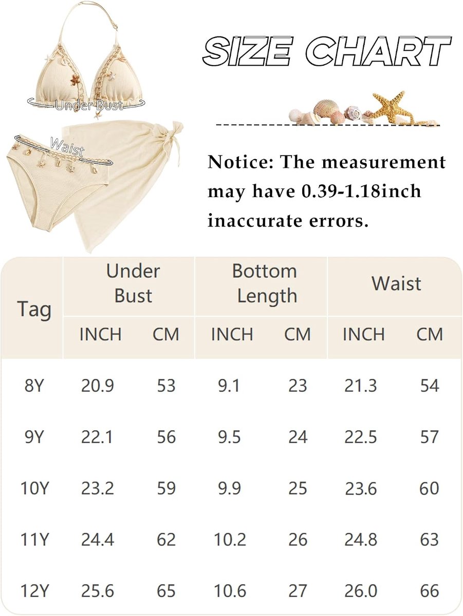 Badpak 3-delig voor kinderen, meisjes, bikinitop + slip + cover-up rok, badmode, schelp, strandkleding, 8-12 jaar