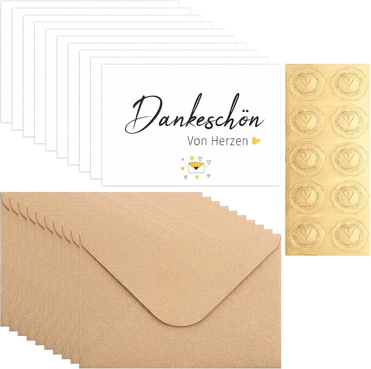 10 stuks liefdevol vormgegeven bedankkaarten met envelop 14 x 9 cm, bedankkaartenset bevat 10 kaarten en 10 enveloppen, bedankkaart met gouden zegelsticker voor vrouwen, collega's, vrienden en mannen