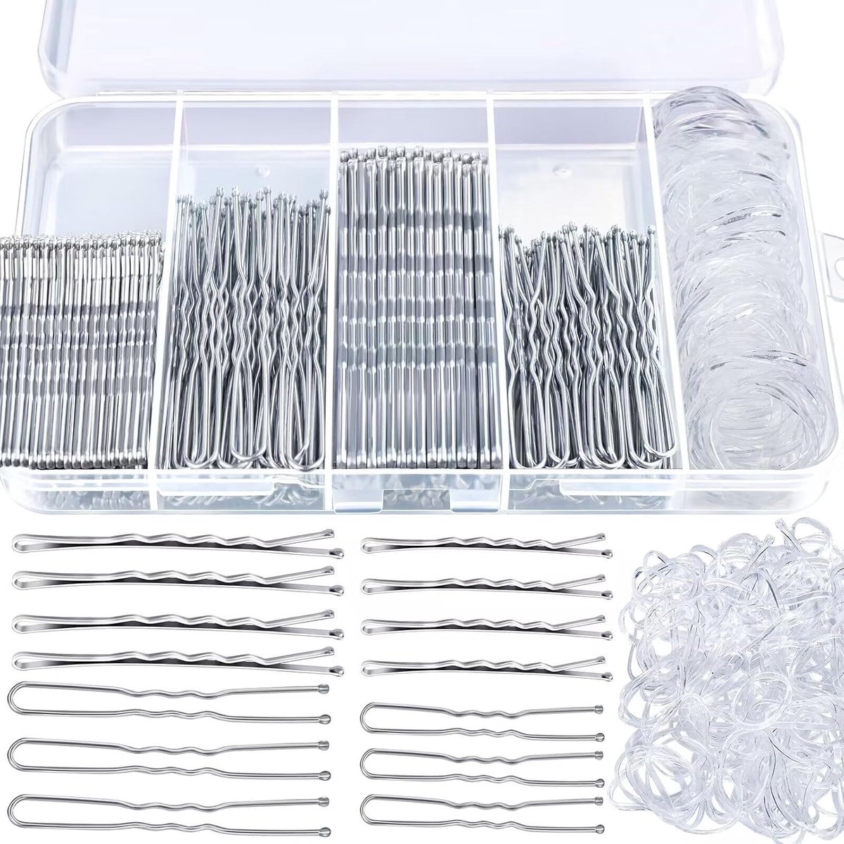 Haarspelden voor dames, haaraccessoires, 100 U-vormige in 5 cm, 6 cm, 100 haarspelden van 5 cm, 7 cm, 100 kleine rubberen banden in een opbergdoos (zilver)