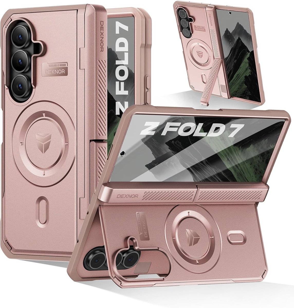 Magnetische Hoes voor Samsung Galaxy Z Fold 7 met Dubbele Kickstands, Scherm- en Hinge Bescherming, Geschikt voor MagSafe - Peony Roze, Volledige Body Bescherming