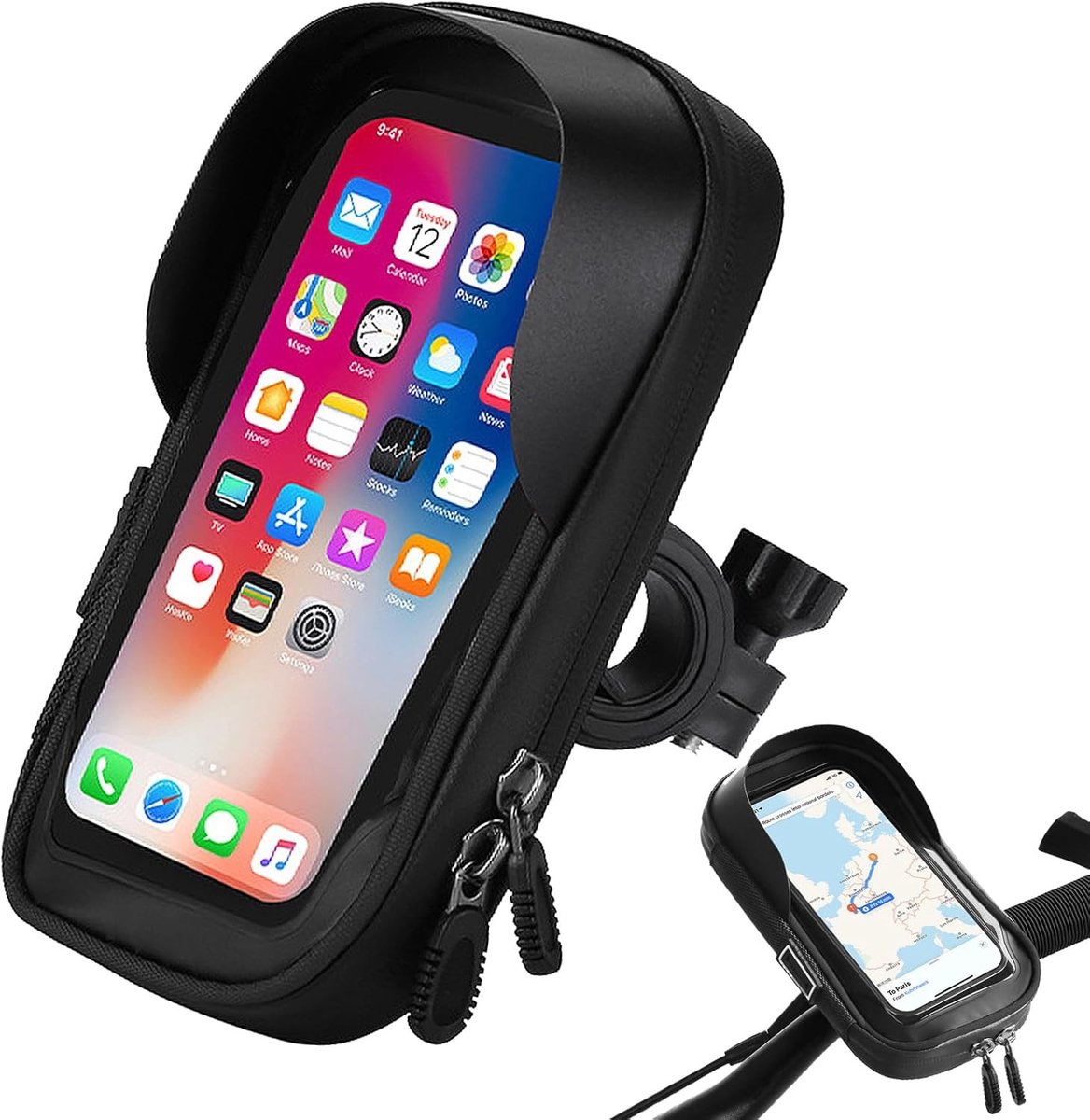 Handvat Tas voor Fiets en Motor met Regenbescherming, 360° Draaibare Touchscreen Houder voor Mobiele Telefoons tot 7 Inch