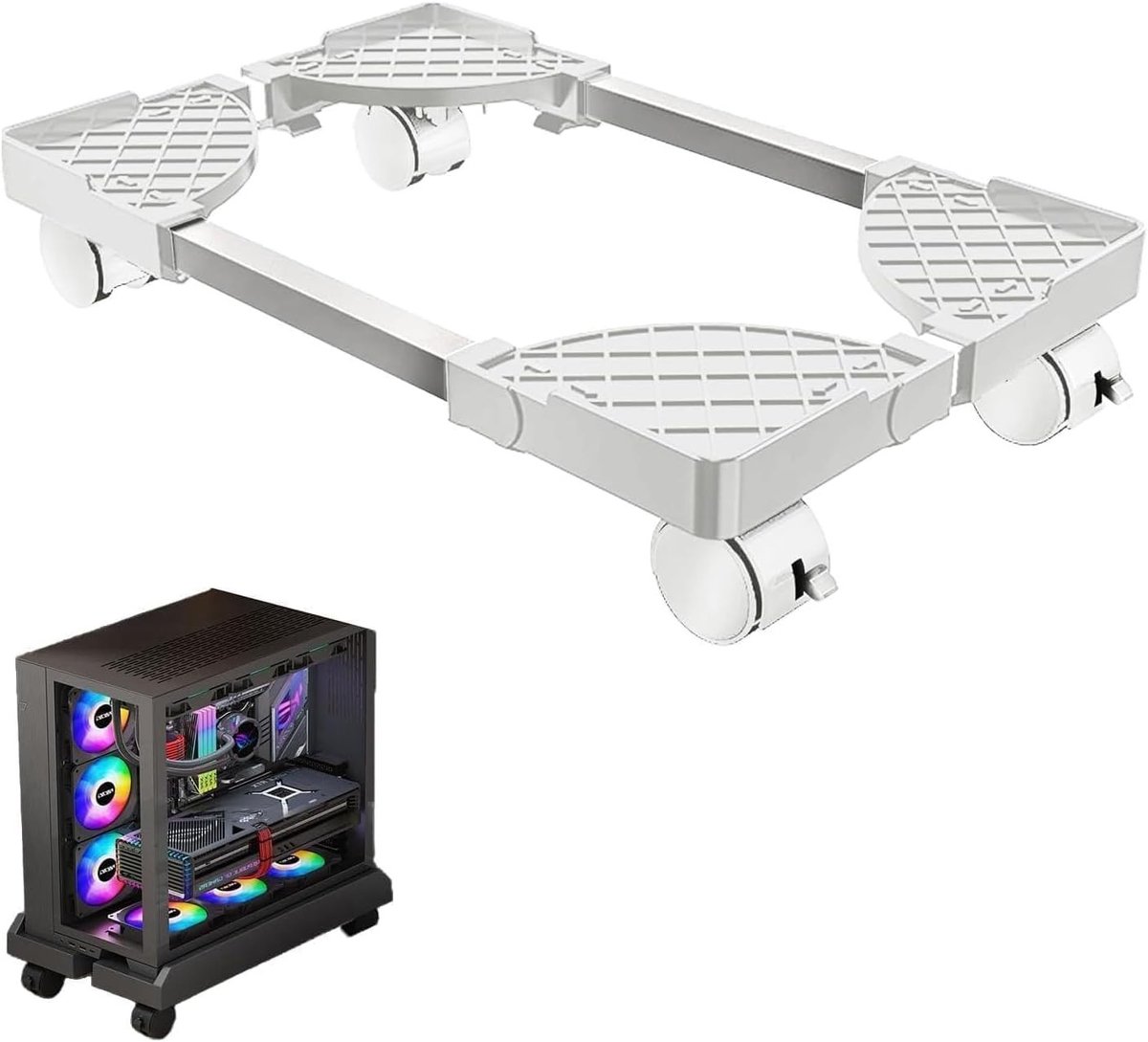 Verstelbare PC Stand voor Onder Bureau, Mobiele Houder met 4 Wielen en 2 Vergrendelbare Rollen, Wit en Ruimtebesparend