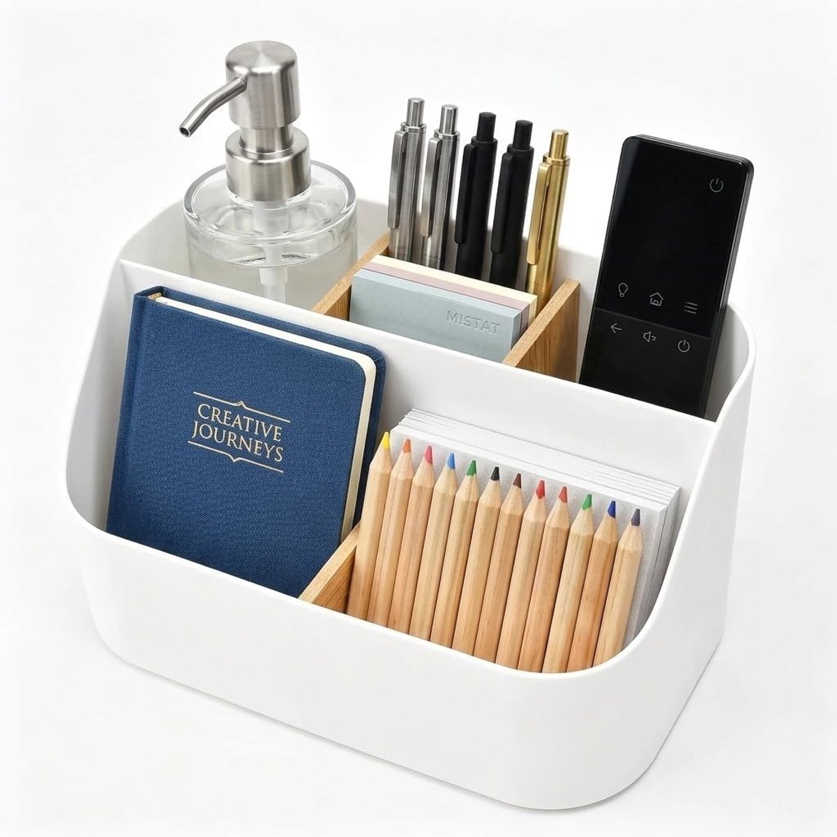 Organizer voor Bureau met 5 Compartimenten, Houten Opbergdoos voor Kantoor, Verwijderbare Slot voor Pennen en Cosmetica, Wit en Functioneel